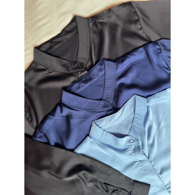 Long sleeve Tunic | Armany Silk satin | Kemeja Lengan Panjang | Navy Hitam Biru Pink Old Rose Putih 