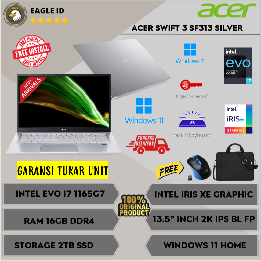 Laptop ACER SWIFT 3 SF313 INTEL EVO I7 1165G7 RAM 16GB 2TB SSD 2K IPS Windows Original