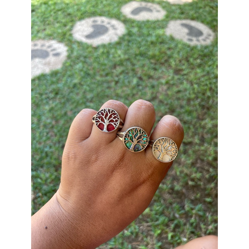 Cincin Ring Perak silver bali 925 Pohon Tree mix white shell paua power coral pria wanita custom ele