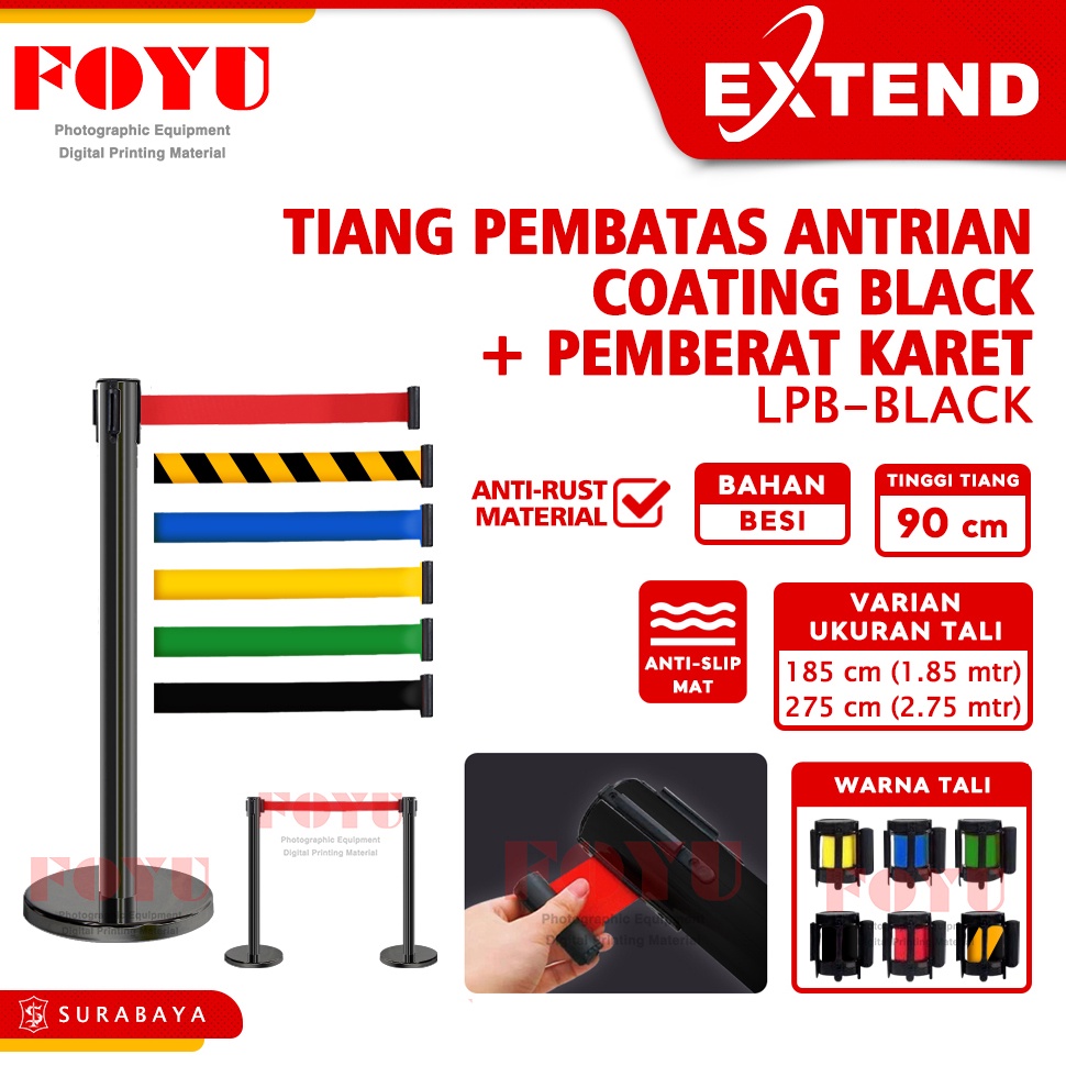 

ART C7V3 Tiang Pembatas Antrian Antrean Pita Coating Black Stainless Hitam Besi Queue Line Pole Railing Stand 2 3 meter Extend LPBBlack