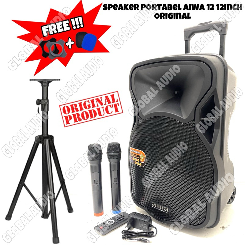 Speaker Portable Aiwa AW-12 12inch Original Free 2bh Mic Wireless Plus Stand Speaker Troly Bluetooth