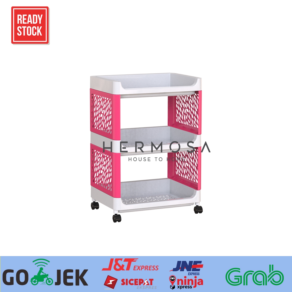 Rak serbaguna plastik 3 susun multifungsi dengan roda rak multipurpose