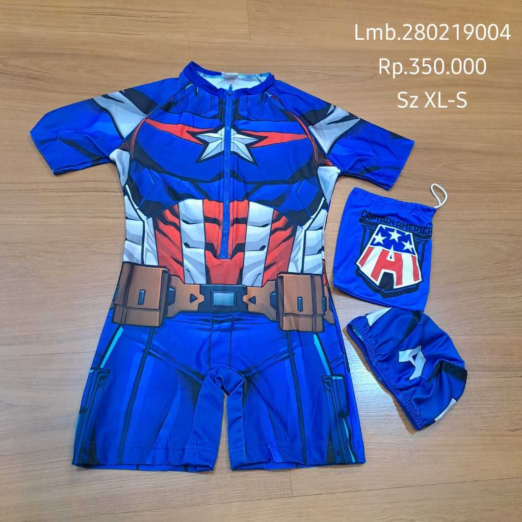 LMB.280219004 Baju renang anak laki 2-3 thn karakter captain amerika + tas serut dan topi renang