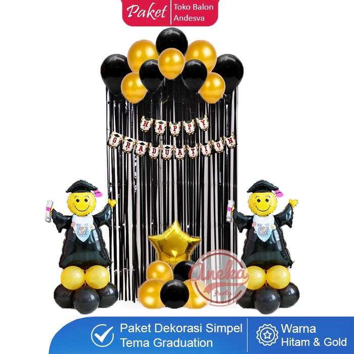 paket dekorasi graduation hitam gold / set balon dekorasi wisuda happy graduation / balon congrats