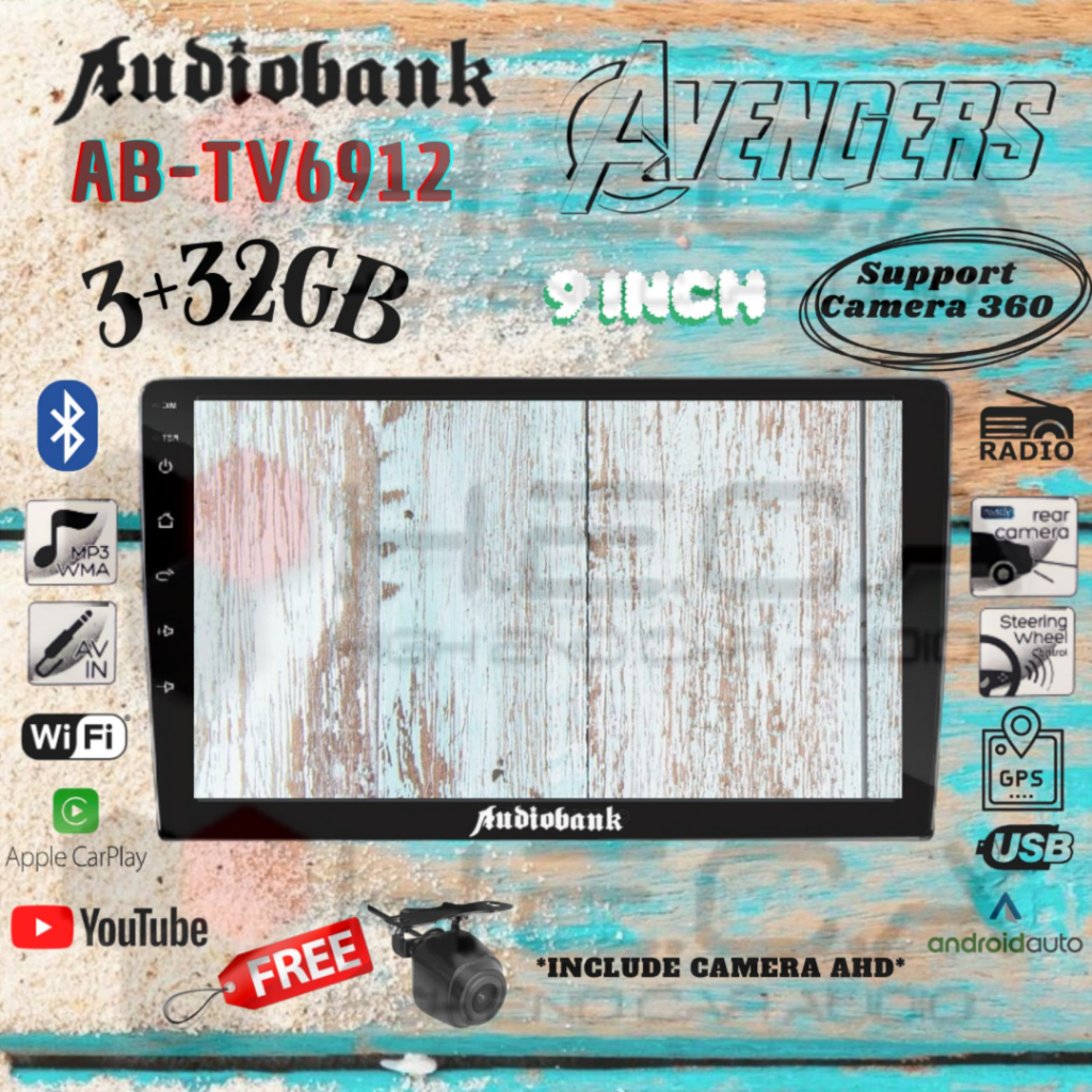 Audiobank Avengers AB-TV6912 3/32GB Android 9" Head Unit Double Din Tape Mobil 9 inch + Kamera AHD
