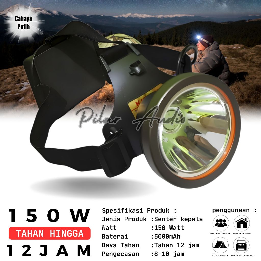 Senter Kepala 150 watt LED KISEKI CK-GLE350 Headlamp Diving Super Terang Cahaya Putih Outdoor Headli
