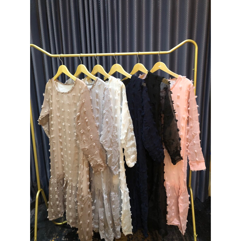 Audy long dress organza full puring fashion wanita baju dress