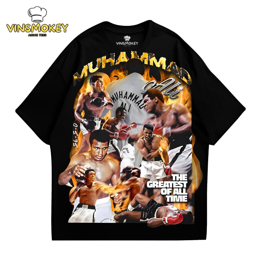 Vinsmokey T-shirt MUHAMMAD ALI BOXING LEGEND bootleg design lengan pendek Hitam kaos distro unisex