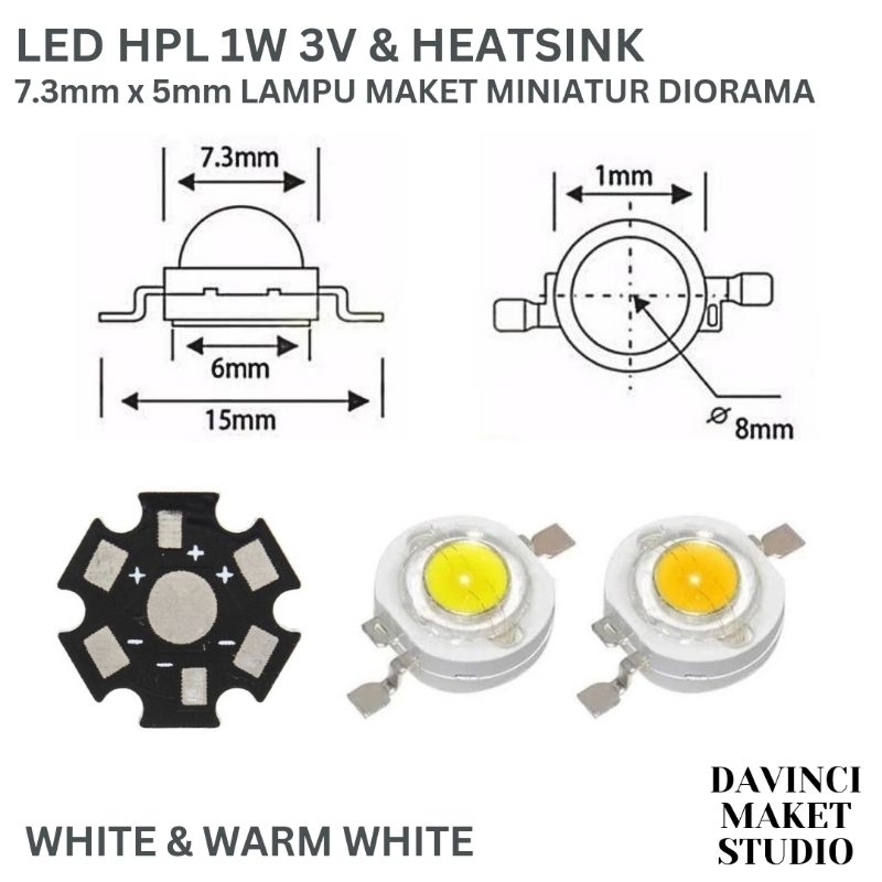 Lampu LED HPL Putih Kuning Heatsink 1w 3v untuk maket diorama - DHP HPL White Warm White 7mm x 5mm