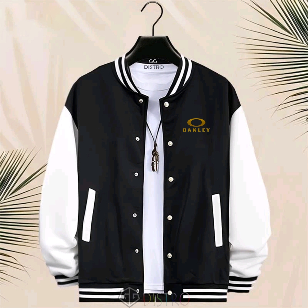 GG Distro - Jacket Unisex Baseball Kancing Jacket Varsity Oakley Motif Gold Jacket Pria Print