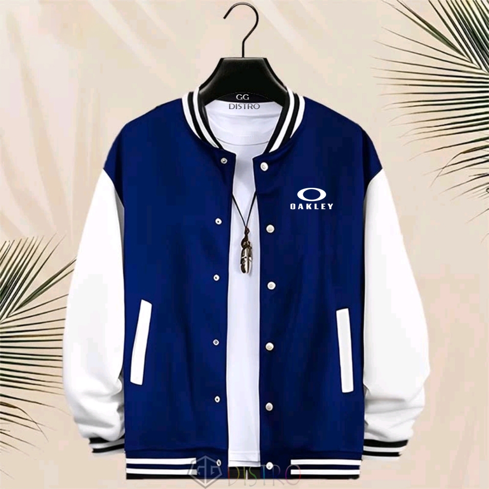 GG Distro - Jacket Unisex Baseball Kancing Jacket Varsity Oakley Motif White Jacket Pria Print