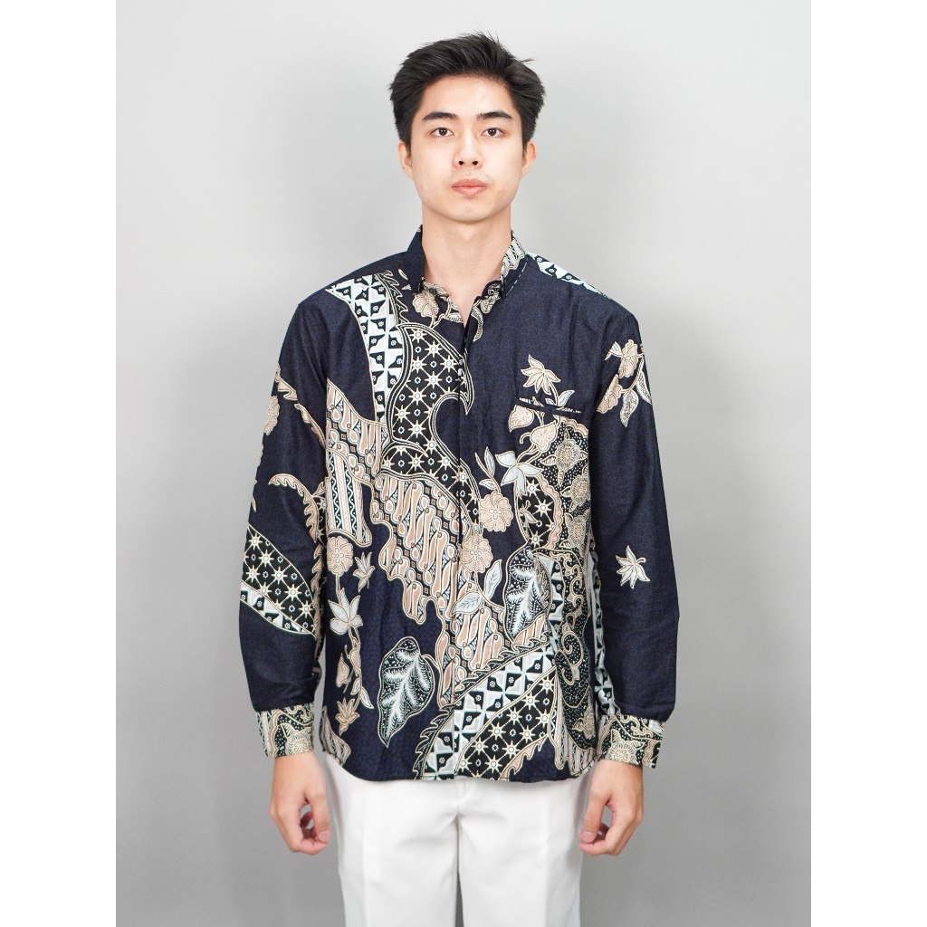 Swipe Up Kemeja Batik Pria Modern Lengan Panjang Akai Navy-Cream