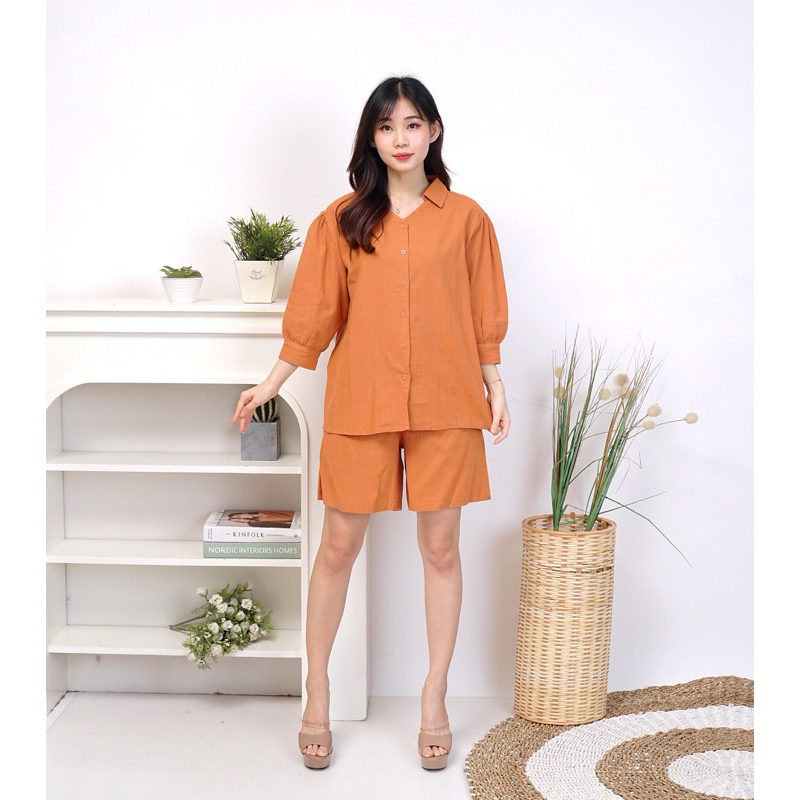 SUNSHINE KIMI SET - Linen Premium Setelan Baju 3/4 Dan Celana Pendek Wanita