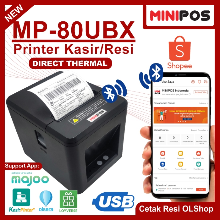 Printer Thermal 80mm Bluetooth MINIPOS MP-80UBX Kabel USB Auto Cutter Resi Struk