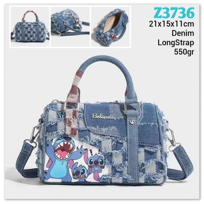Gij. Z3736 1kg2 BELINDA STITCH DENIM SPEEDY BAG 21cm Tas Selempang Jeans Kartun Wanita Bentuk Tabung