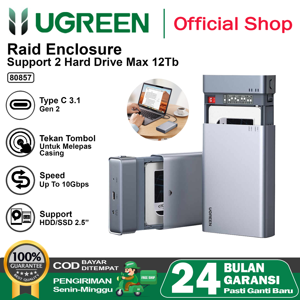 UGREEN USB C 3.1 To 2.5inch Dual Bay RAID Hard Drive Enclosure 80857