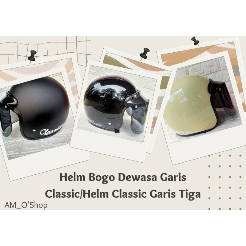 Helm Classic Full Leher/Helm Bogo Dewasa Classic/Helm Classic Kaca Datar/Helm Classic Garis Tiga