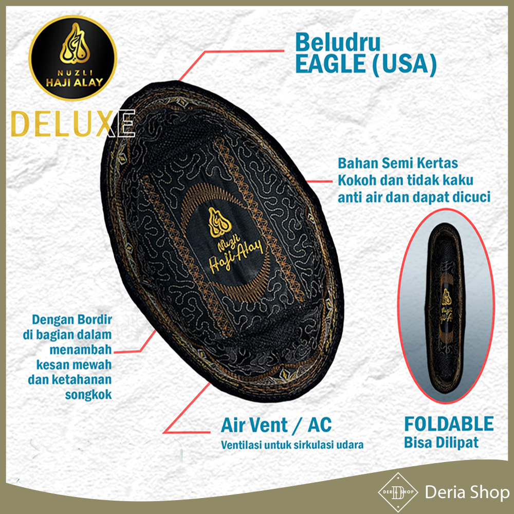 New Deals Peci Songkok Premium Haji Alay Deluxe Ac Tinggi 7 8 9 10 Cm Hitam Sholat Bludru Ukuran
