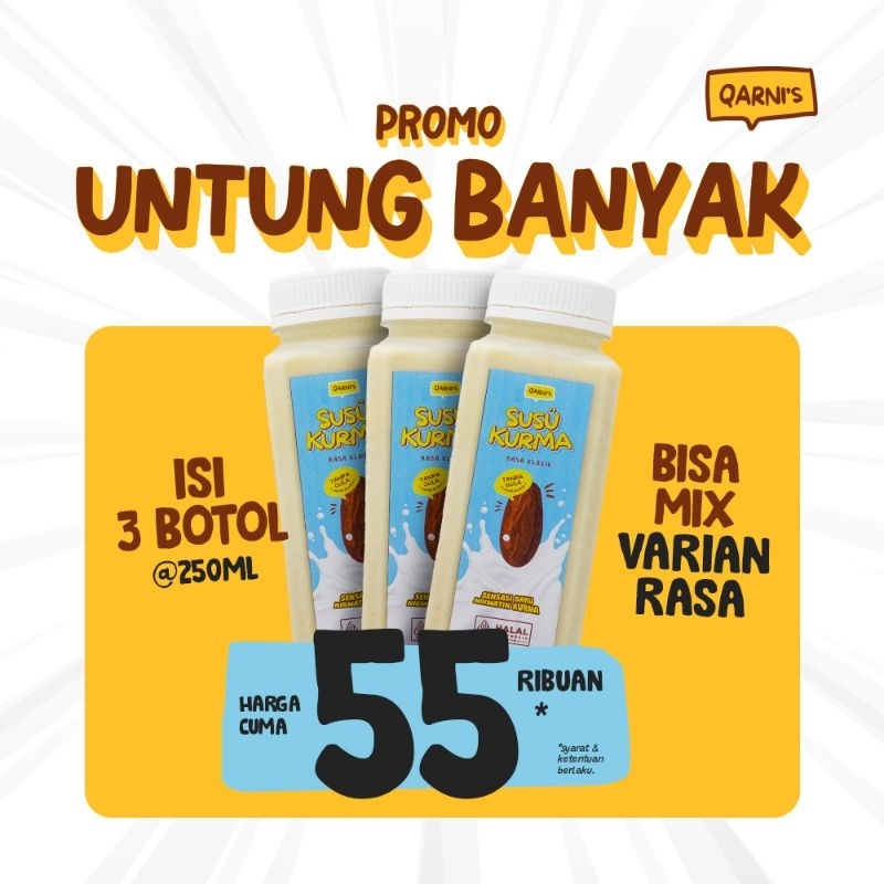 

PAKET HEMAT Susu Kurma Qarni's 250ml Bebas pilih rasa Minuman Sehat Ibu Hamil ASI Booster BB Booster Anak 100% Susu dan Kurma