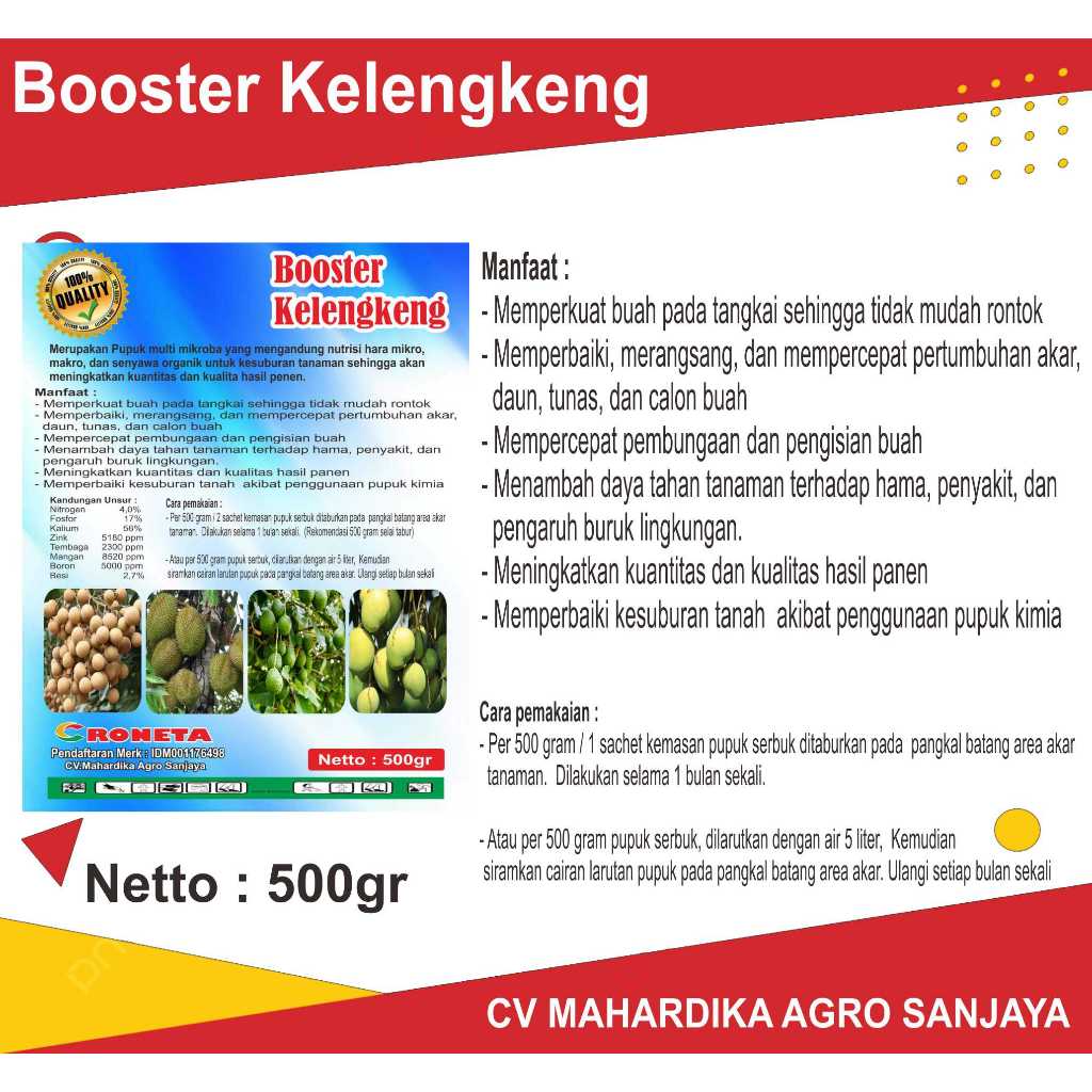 Croneta PUPUK MURNI BOSTER KELENGKENG 500gr, Booster buah Durian, Booster buah Mangga, BoosterAlpuka