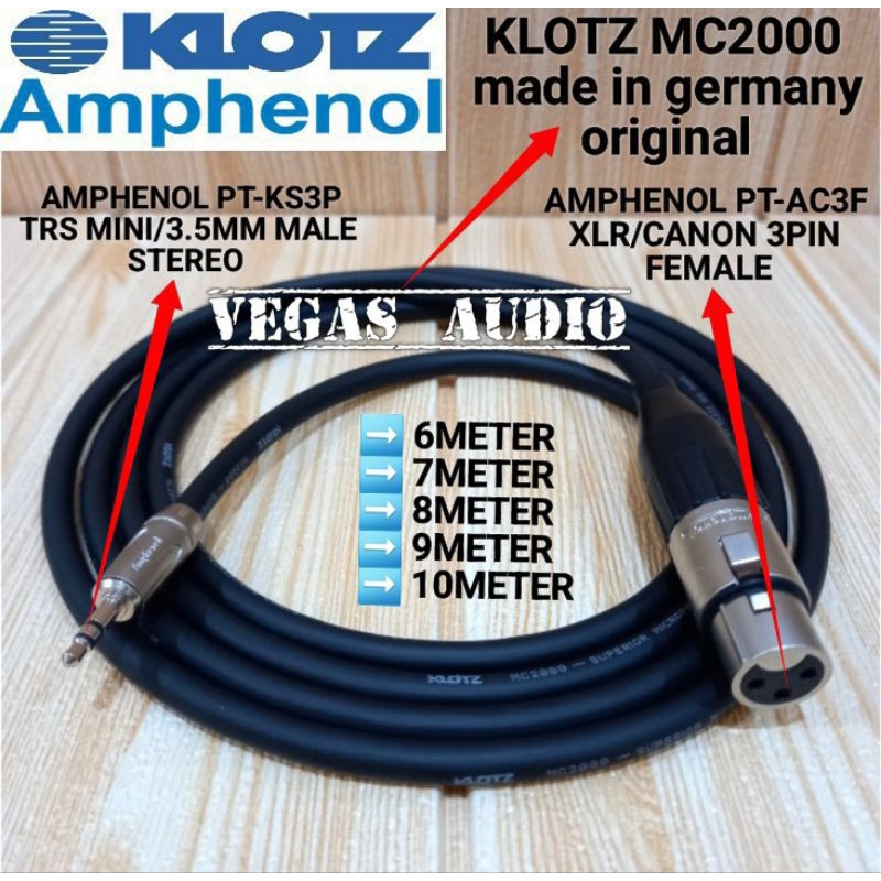 KABEL KLOTZ MC2000 ORIGINAL JACK AMPHENOL XLR FEMALE TO AUX 3.5MM MALE 6M-10M