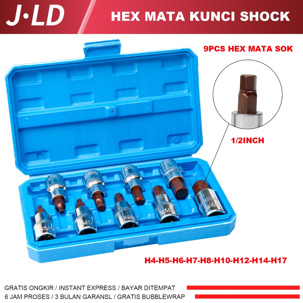 JLD Mata Kunci Shock Torx 1/2INCH MATA KUNCI SOK DRIVE 9pcs Mata hexagonal Hex Bit Socket