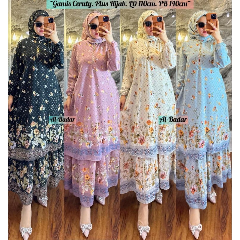 (BISA COD) GAMIS SET HIJAB MODEL MALAYSIA CERUTY BABYDOLL MOTIF BUNGA