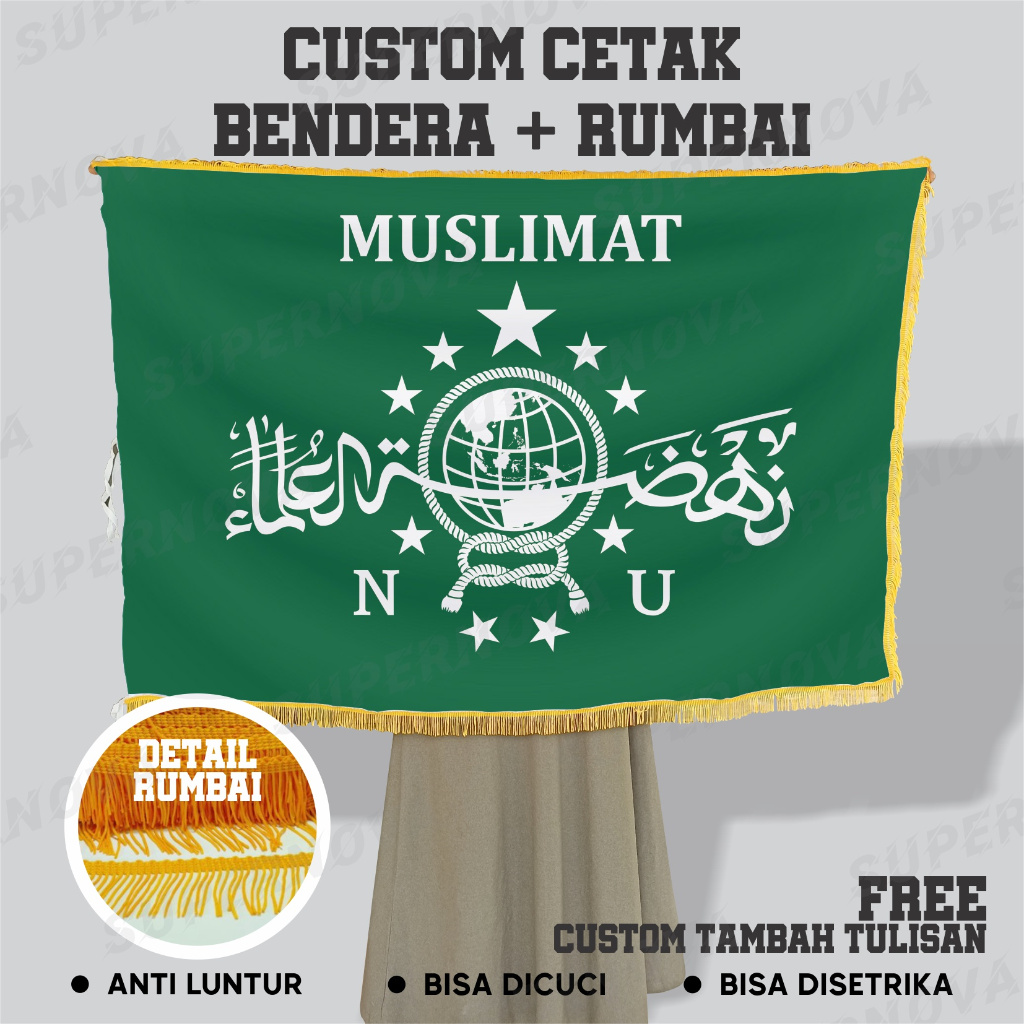 Bendera Pataka muslimat NU Nahdlatul Ulama bolak balik 2 sisi plus renda rumbai