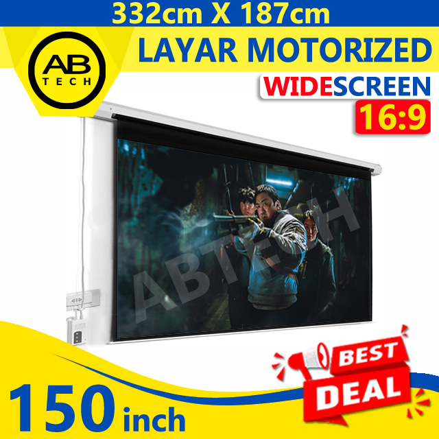 Screen Projector Motorized 150" Ratio 16:9 - Layar Proyektor 150 inch Remote Otomatis
