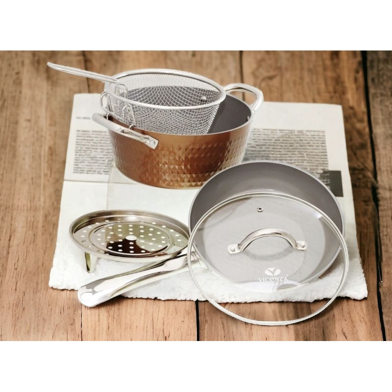 Set panci pengukus & penggorengan VICENZA V5491 COPPER, Paket Peralatan masak bulat dengan lapisan a