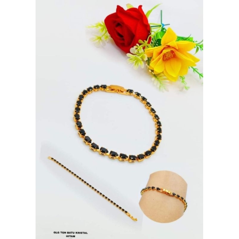 GELANG TANGAN WANITA TITANIUM BATU CRISTAL HITAM MEWAH MENAWAN