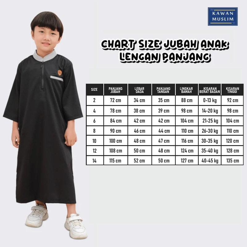 Kawan Muslim - Jubah Gamis Anak Laki Laki Lengan Panjang Bahan Katun Premiun Usia 1 Sampai 14 Tahun Navy Hitam Putih Abu-1