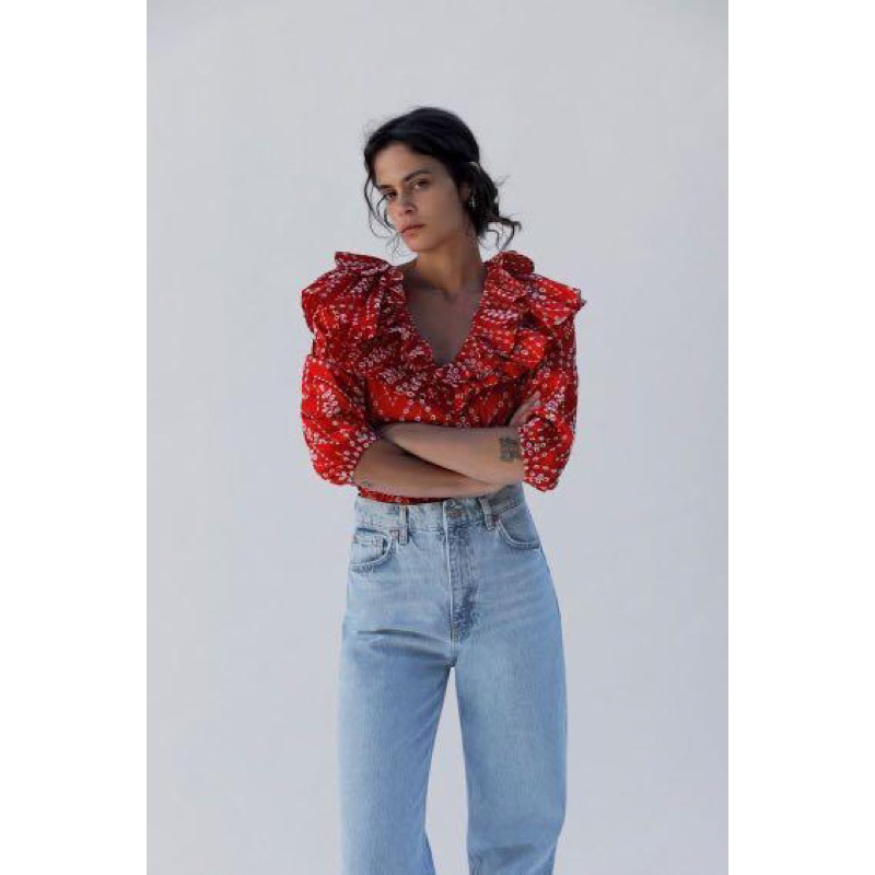 Zara Top Ruffle Eyelet Embroidered