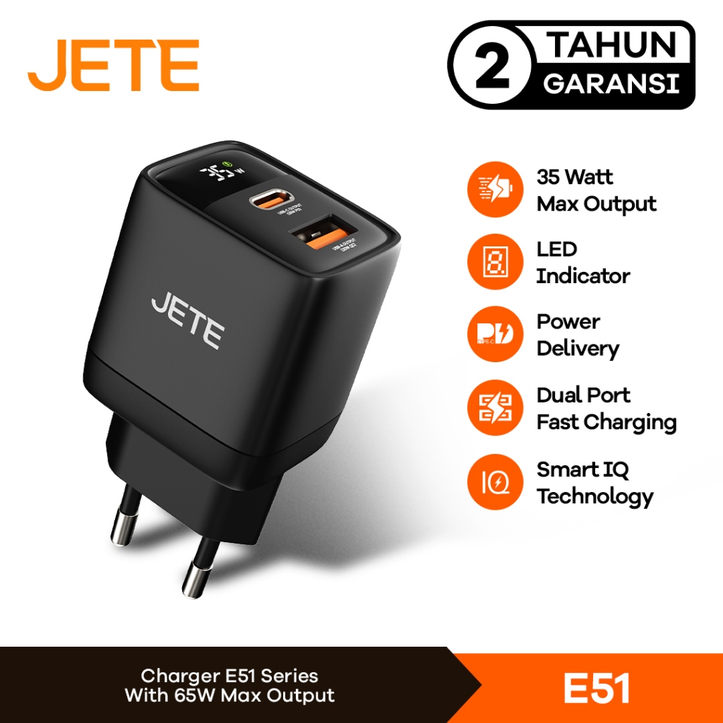 JETE E51 Charger 35W Power Delivery 2 Port USB Type C - Garansi 2th