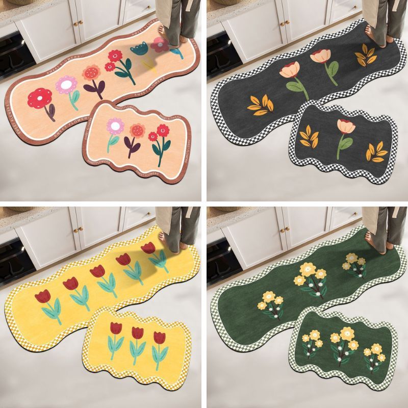 HL0590 Keset Dapur 2 In 1 Panjang dan Pendek 40 x 120 cm Anti Slip Menyerap Air Motif Bunga Keset Ka