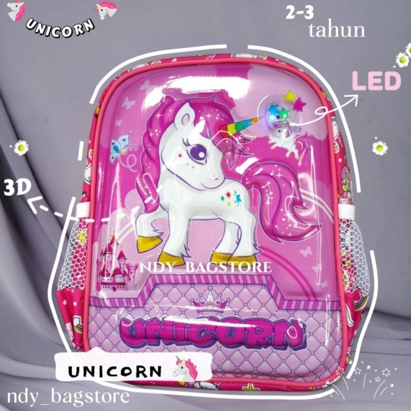 TAS ANAK PEREMPUAN PAUD UNICORN 3d+LeD, TAS ANAK PAUD PEREMPUAN 1-3tahun, TAS ANAK PAUD KARAKTER LUC
