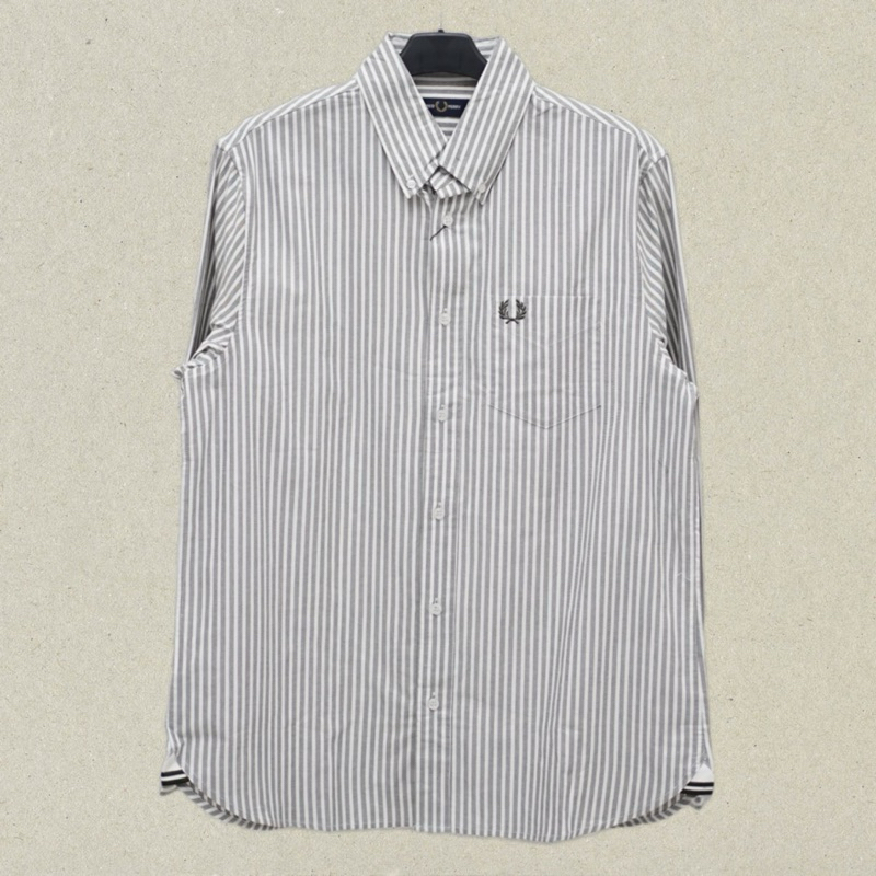 Fred Perry Field Green Stripe Long Sleeve Shirt Kemeja Pria dan Wanita Original