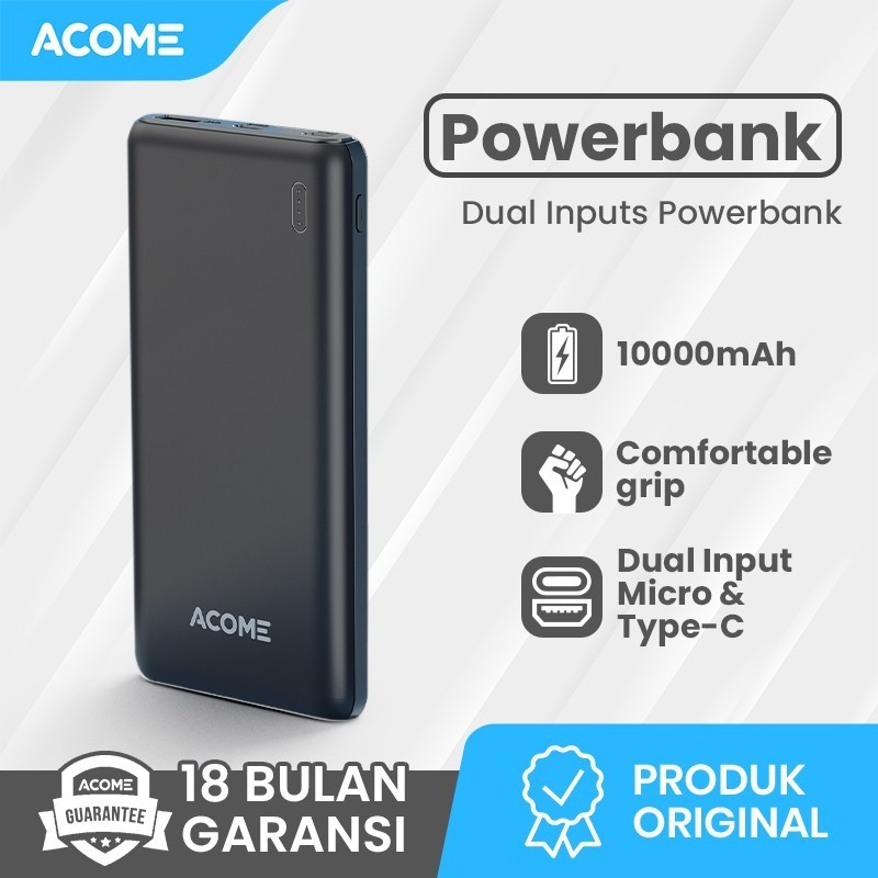 Power Bank ACOME 10000mAh 2.1A Dual Input Port Micro Type-C AP108 Original