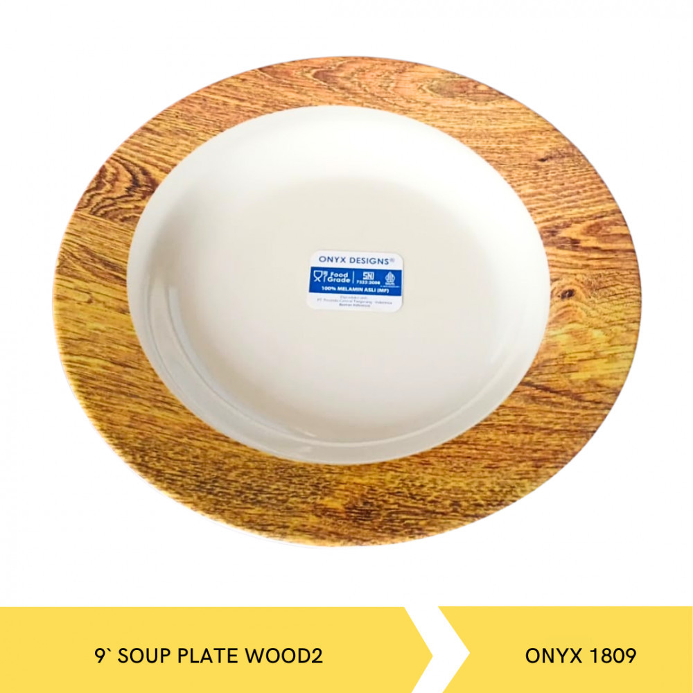 Piring Makan Melamin Cekung 9 Inch Motif Kayu Soup Plate Onyx 1809 WOD02
