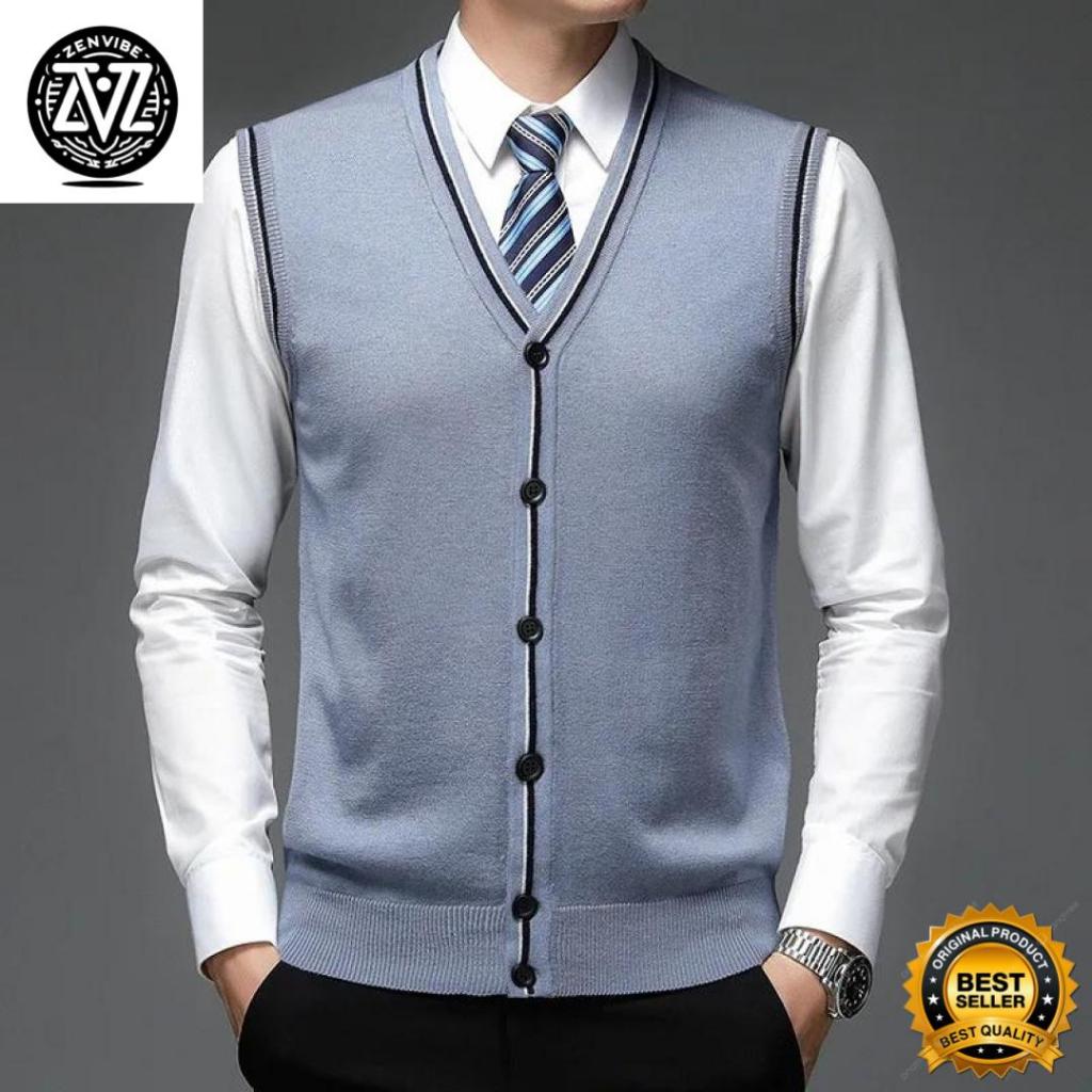 Vest Hunter Zenvibe Rompi Rajut  Vest Knitt Korean Style Berkancing list hitam  Bahan Knit Premium V