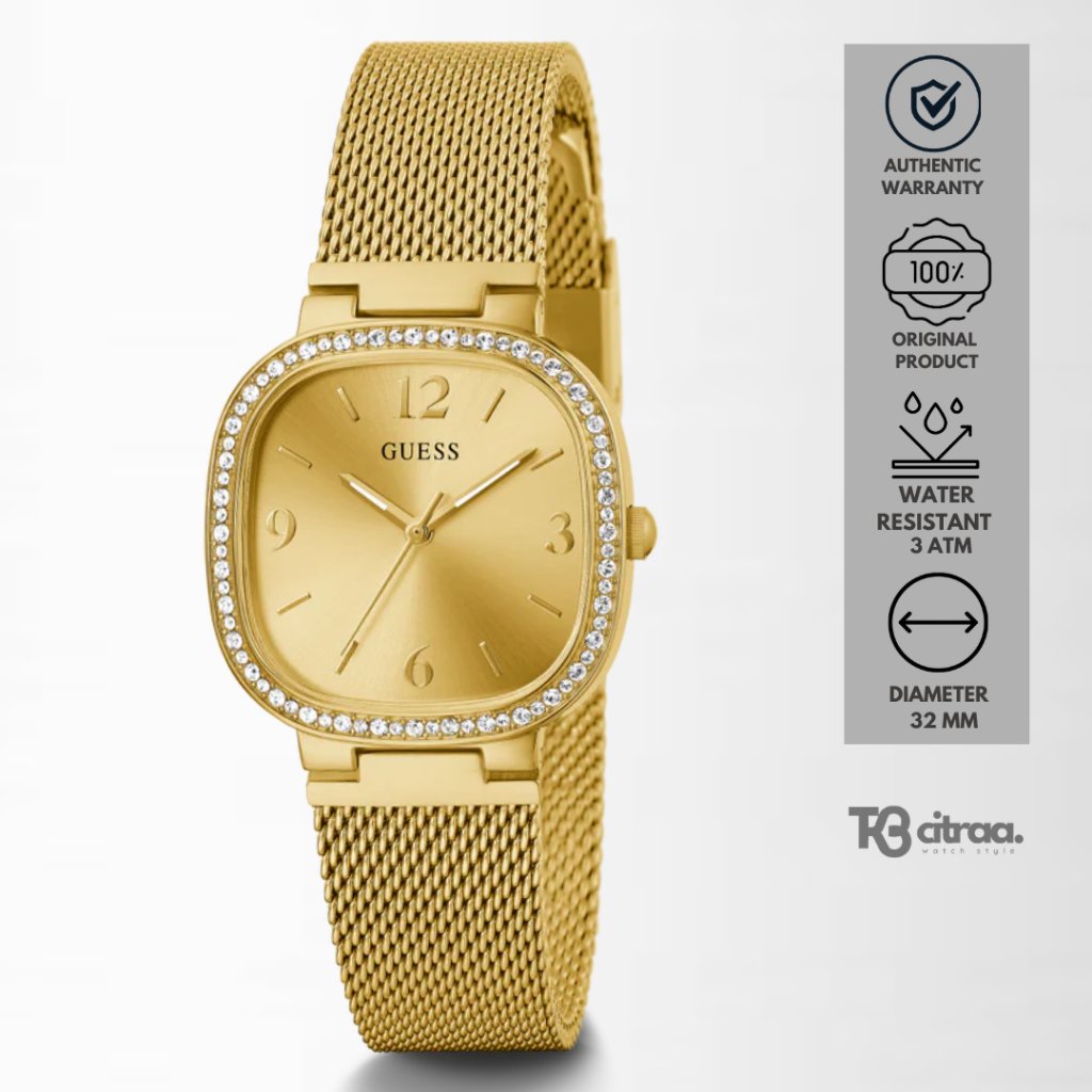 Jam Tangan Fashion Wanita Guess Tapestry Stainless Steel Gold Water resistant Luxury Watch Mewah Sli