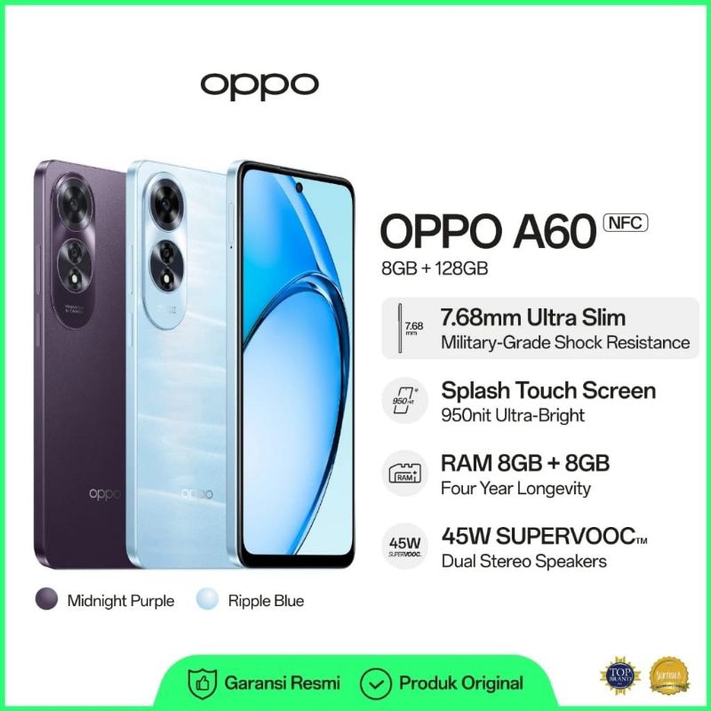 Oppo A60 8/128GB [ ram 8/256gb ] IP54 50MP 45WATT Garansi Resmi