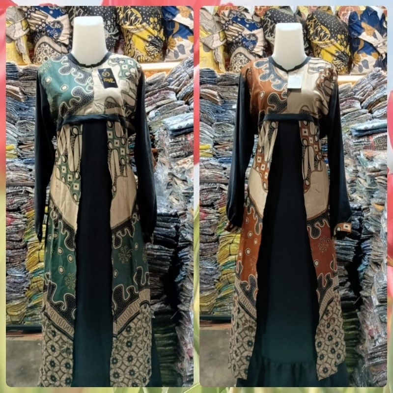 dreass muslim terbaru,batik gamis warna hijau dan terakota
