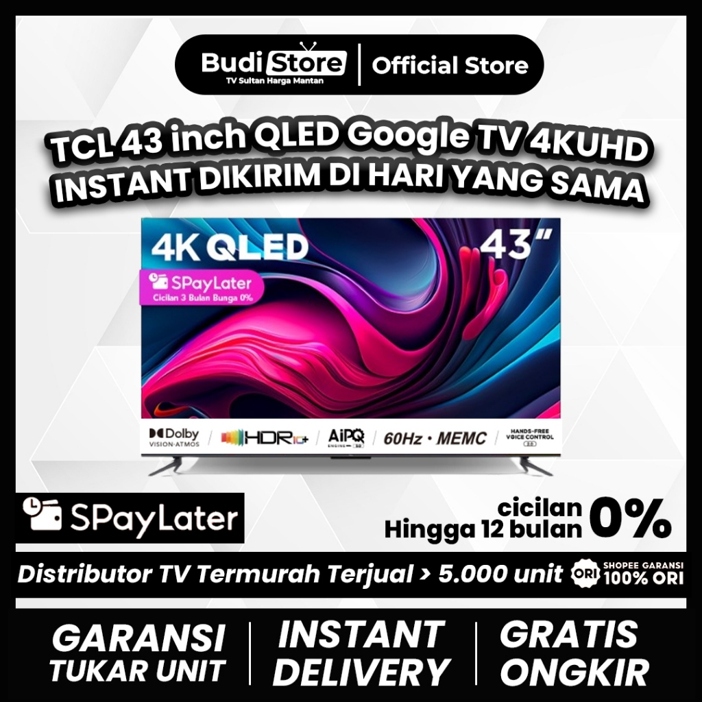TCL 43 inch QLED Google TV Q6 4KUHD HDR 10 Dolby Atmos Vision MEMC Netflix Youtube Vidio