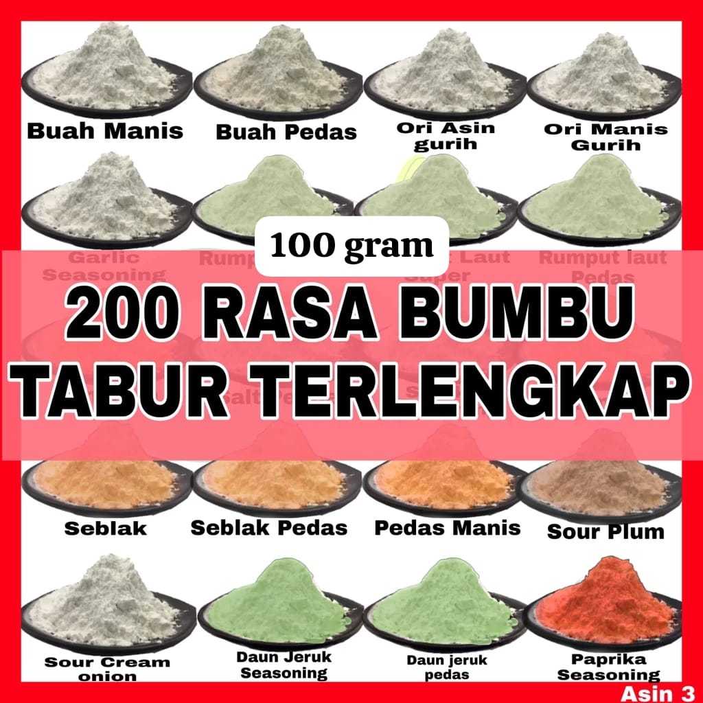 

Jual Bumbu Tabur Aneka Rasa Asin Manis Gurih Pedas 100 Gram. Bubuk Rasa Mie Lidi Cimol Basreng Cilok Cilor Keripik Singkong Keripik Enak Soto Makaroni Kering fried rice seasoning