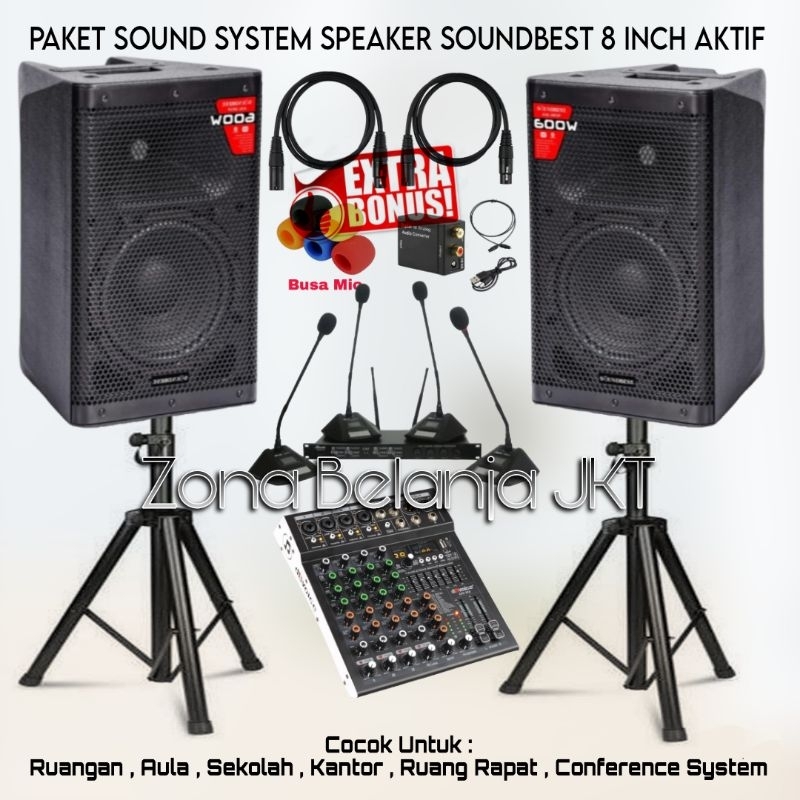 PAKET SOUND SYSTEM RUANG RAPAT MEETING SPEAKER SOUNDBEST 8 INCH MIXER 4 CHANNEL USB BLUETOOTH 4 MIC 