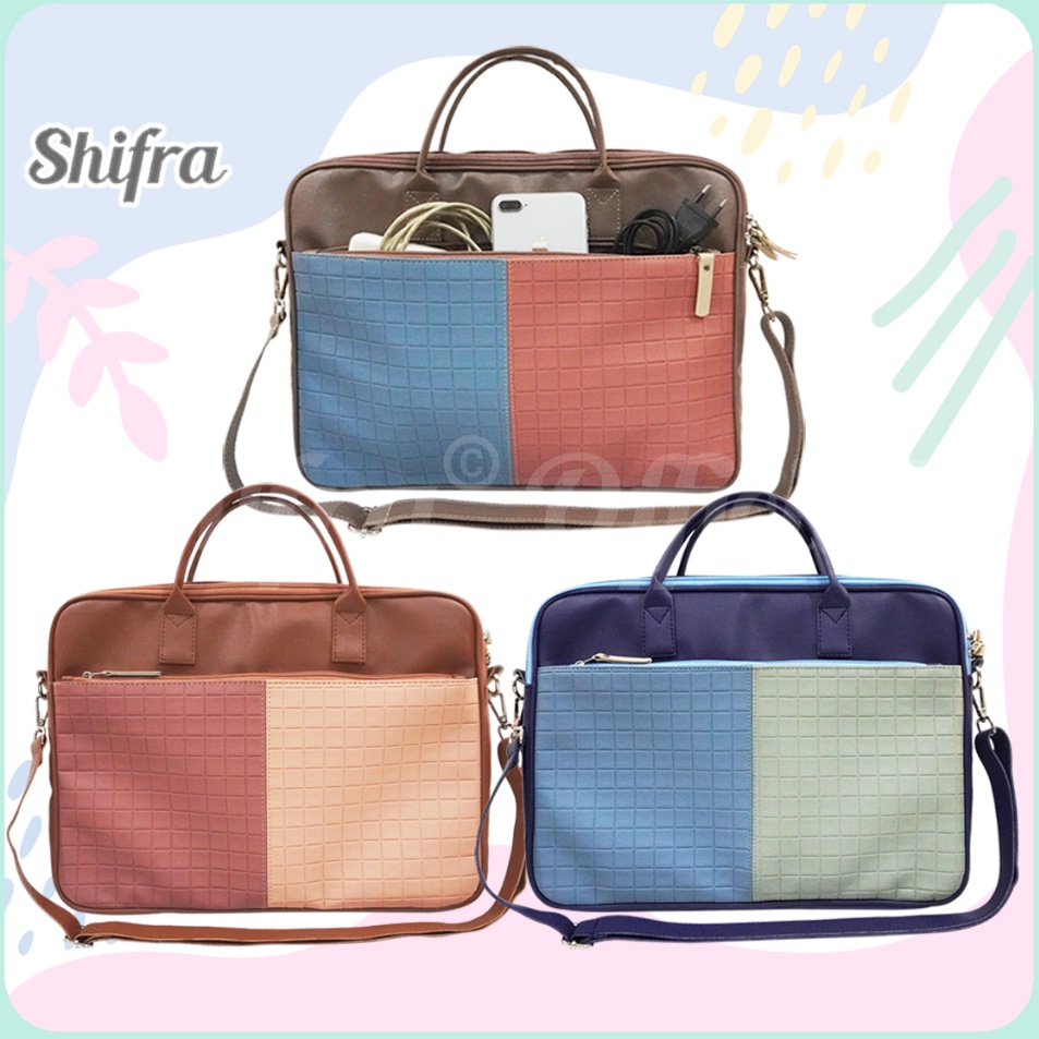 Shifra Tas Laptop Selempang Tali Panjang Kantong Embossed Kombinasi Dua Warna Blue Mint Cream Red