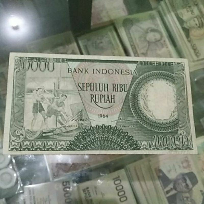 uang kuno indonesia 10000 rupiah pekerja hijau 1964 asli bi