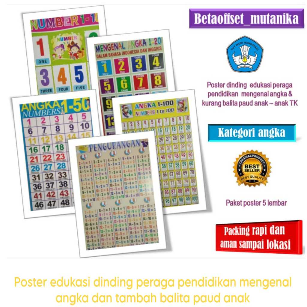 Poster dinding paket pendidikan belajar angka dan pengurangan anak tk