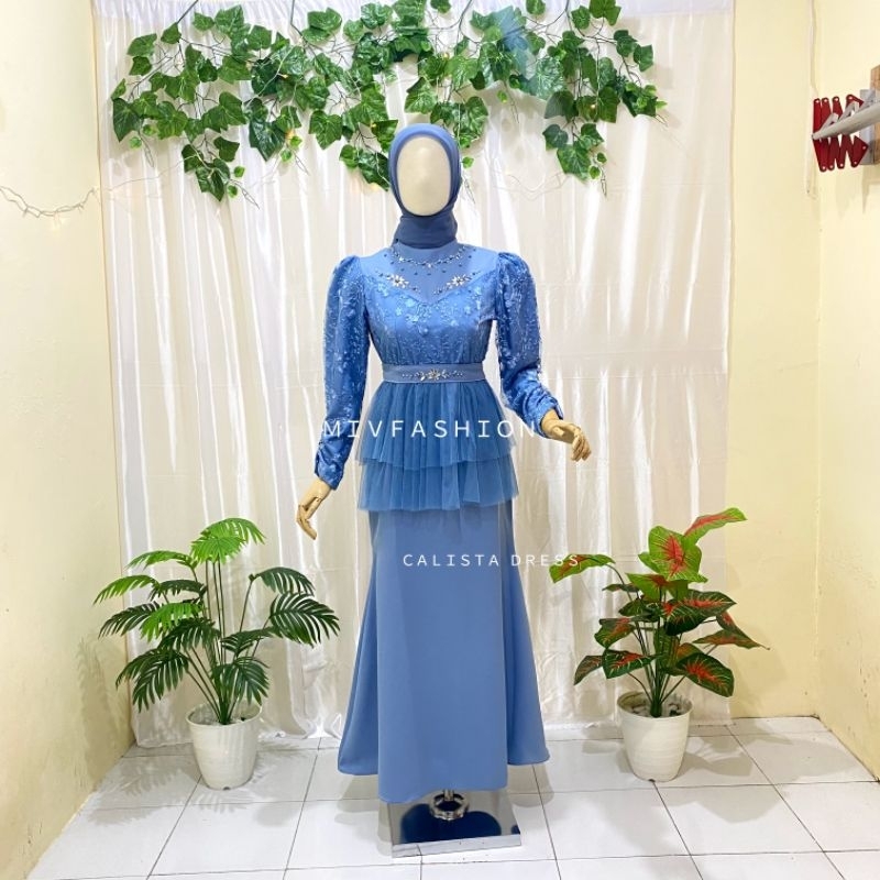 Calista dress gaun kondangan rok mermaid gaun wisuda wedding dress kekinian denim burgundy hitam mar